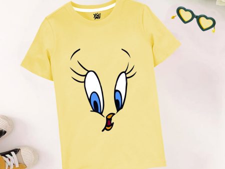 Sweet as Tweety: Girls  Light Yellow T-Shirt with Adorable Eyes For Cheap