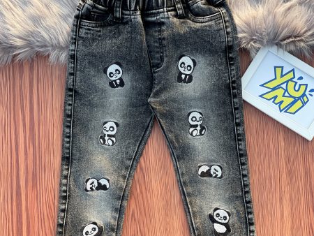 Adorable Panda Embroidered Kids  Black Jeans Fashion